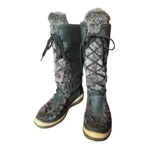 TIMBERLAND Kickadilla Black Nubuck Leather Faux Fur Lace Up Boots size 7.5